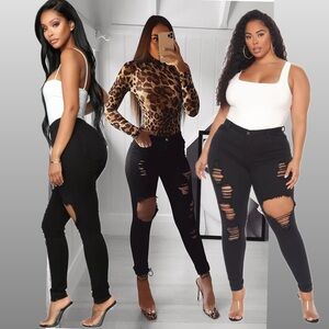 Fashion Nova Women’s High Rise Ripped Distressed Black Glistening Jeans